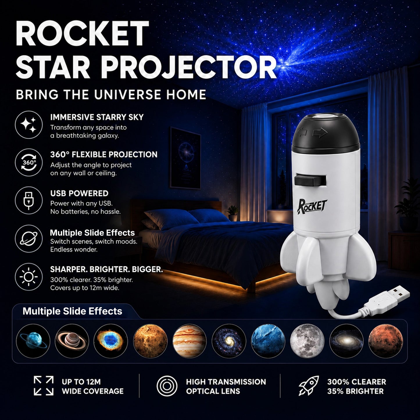 ✨BVJ® Smart Wi-Fi Rocket Star Projector Night Light—💝Create a magical galaxy, ocean, and starry-sky atmosphere for bedrooms, kids’ rooms, and relaxing nights.