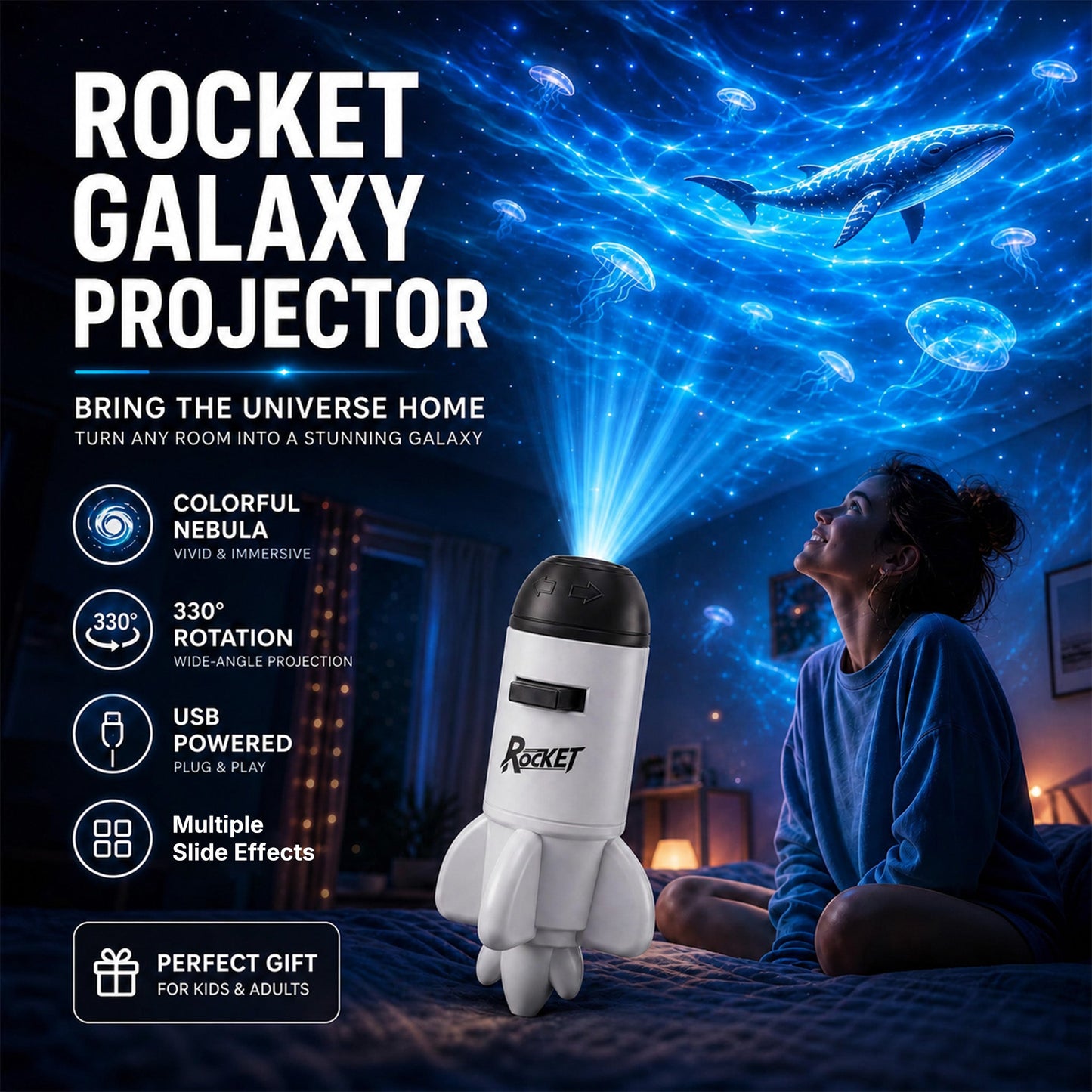 ✨BVJ® Smart Wi-Fi Rocket Star Projector Night Light—💝Create a magical galaxy, ocean, and starry-sky atmosphere for bedrooms, kids’ rooms, and relaxing nights.
